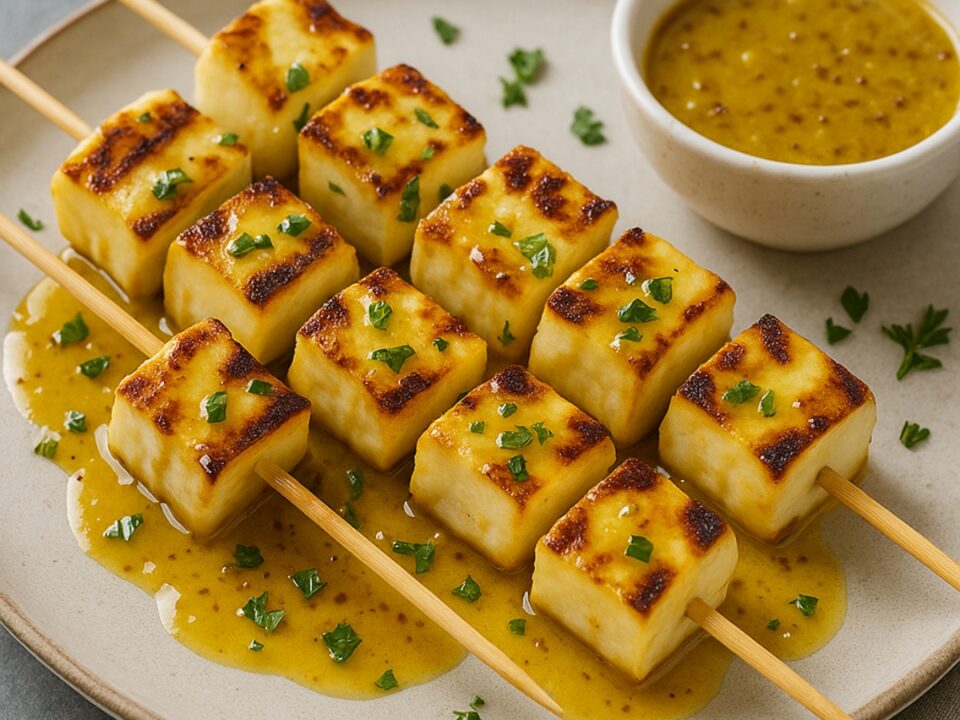 Σουβλάκι με χαλούμι στο air fryer με σάλτσα μελιού-μουστάρδας