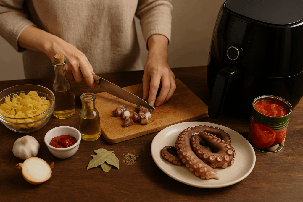 Κοκκινιστό Χταποδάκι με Ζυμαρικά στο Air Fryer – Η Fast Εκδοχή