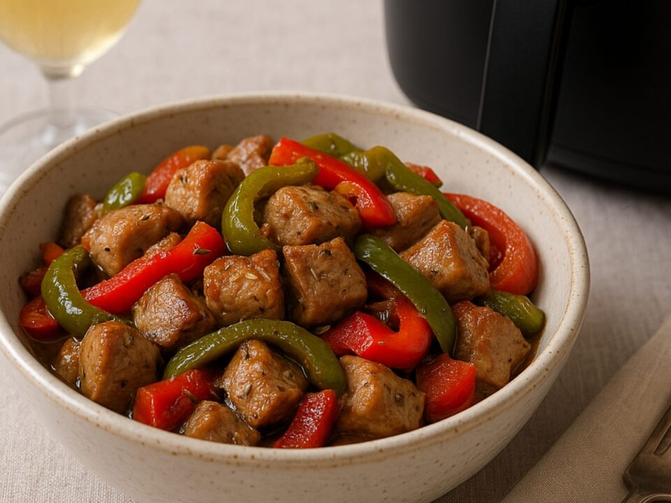 Χοιρινή τηγανιά στο air fryer με κρασί και πιπεριές – χωρίς τηγάνι
