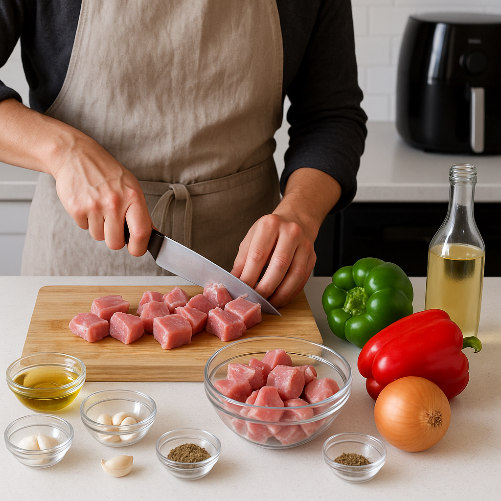 Χοιρινή τηγανιά στο air fryer με κρασί και πιπεριές – χωρίς τηγάνι
