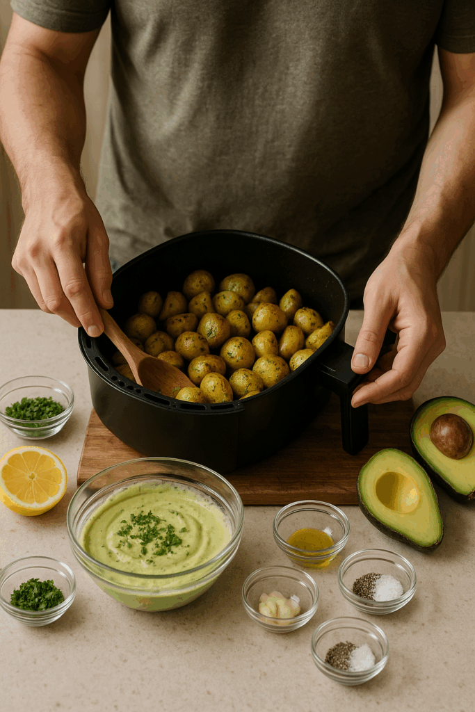 Vegan Πατατοσαλάτα στο Air Fryer: Πατάτες με Σως Αβοκάντο & Μυρωδικά