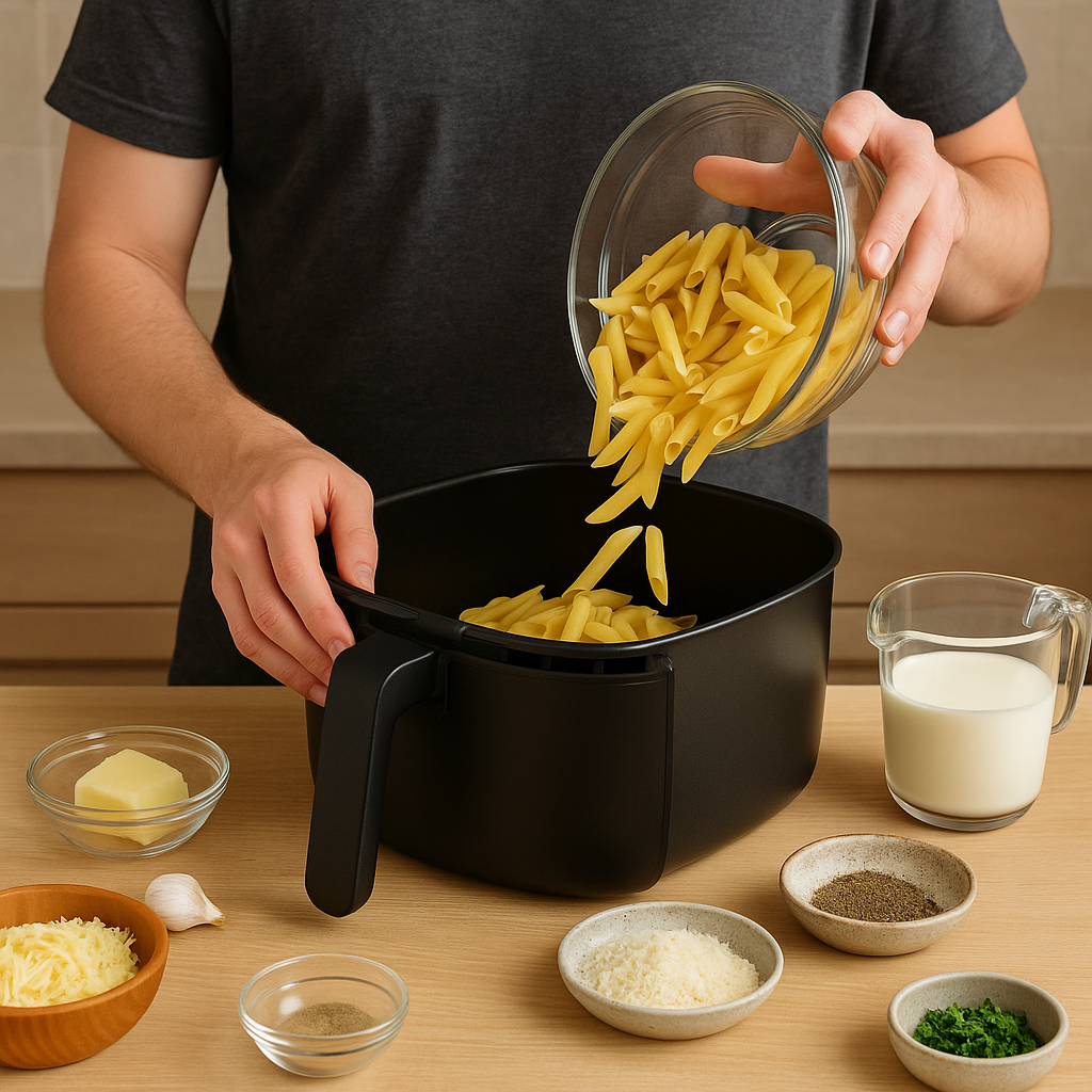 Ζυμαρικά φούρνου στο air fryer με κρέμα τυριών – χωρίς κατσαρόλα