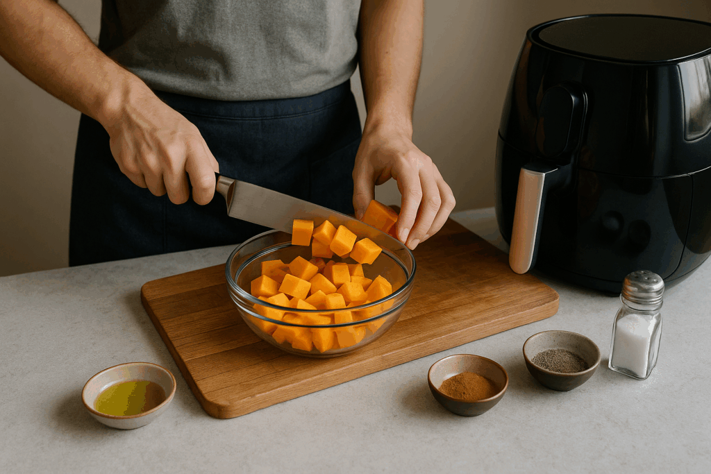 Κολοκύθα σε κύβους με κανέλα και πιπέρι στο air fryer