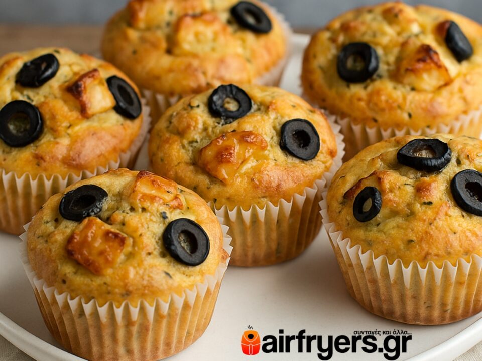 Μάφινς αλμυρά με καπνιστό τυρί και ελιές στο air fryer