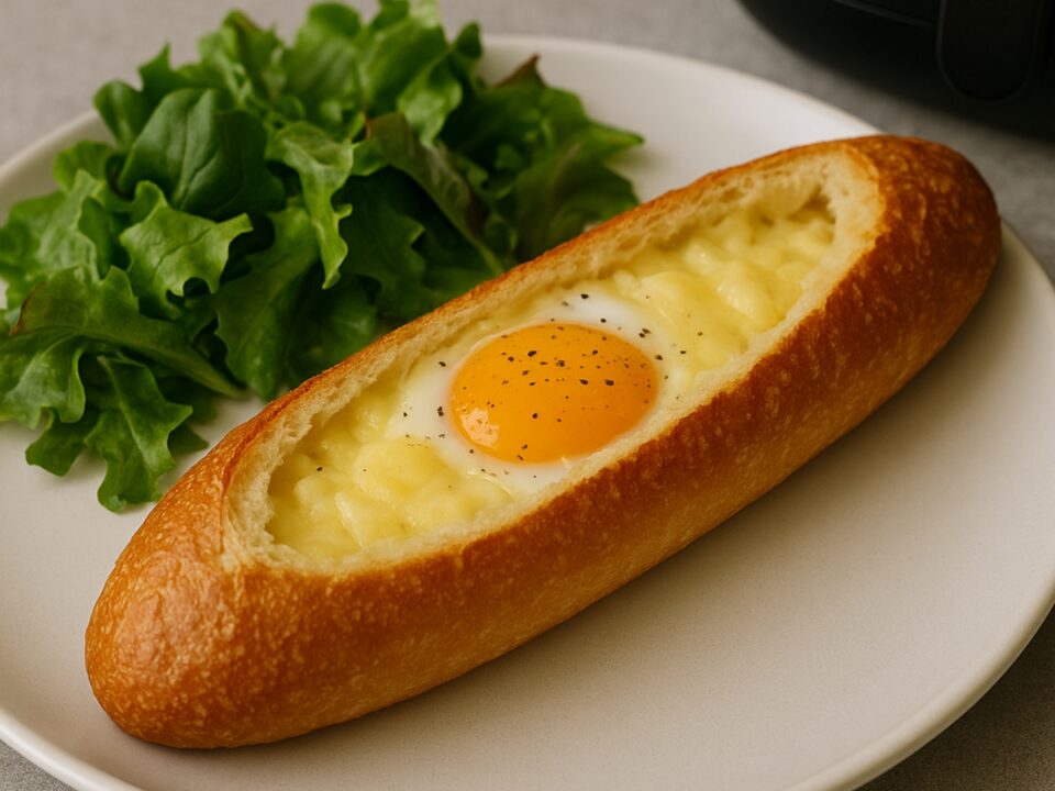 Μπαγκέτα γεμιστή με αυγό και κασέρι στο air fryer