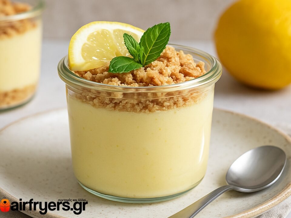 Μους λεμονιού σε βαζάκι με crumble στο air fryer