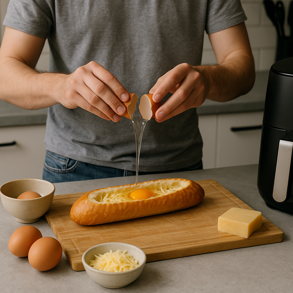 Μπαγκέτα γεμιστή με αυγό και κασέρι στο air fryer