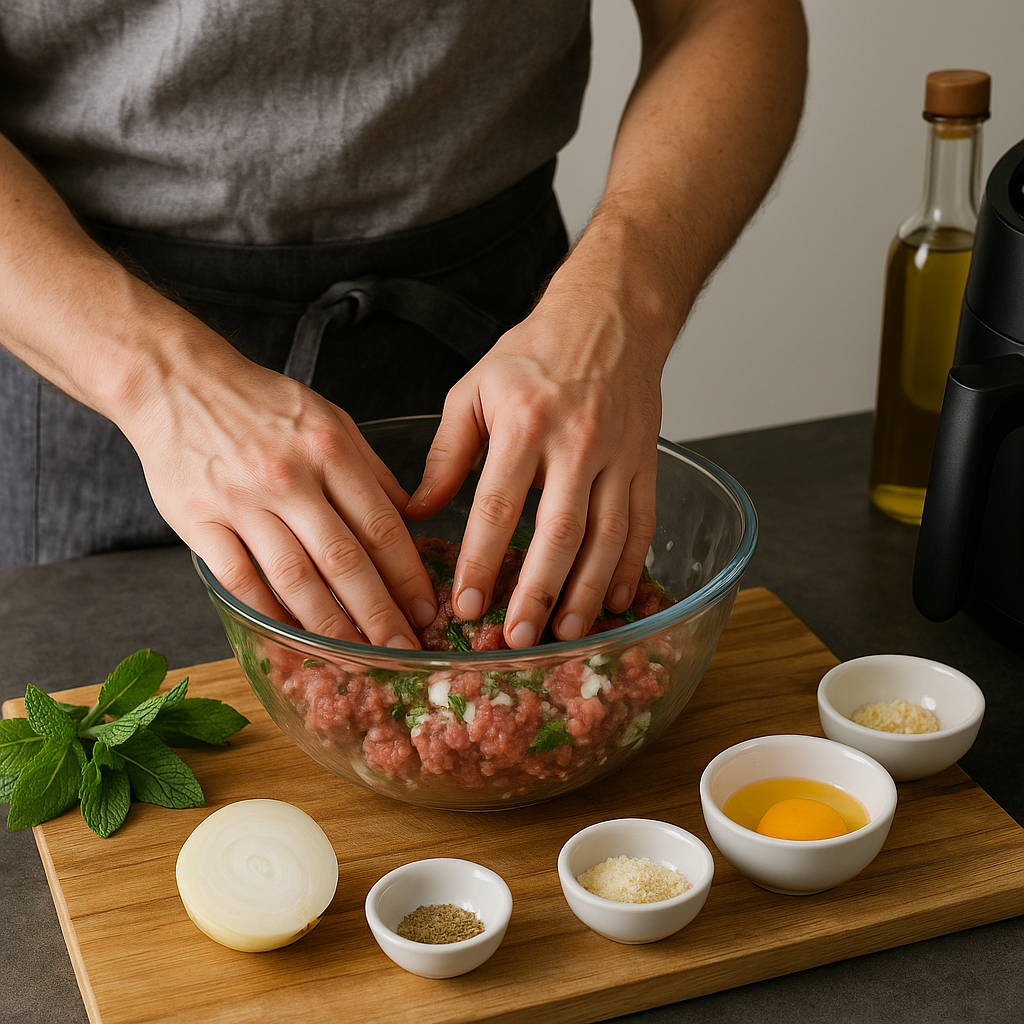 Μπιφτέκια από αρνίσιο κιμά στο air fryer με δυόσμο και σως γιαουρτιού