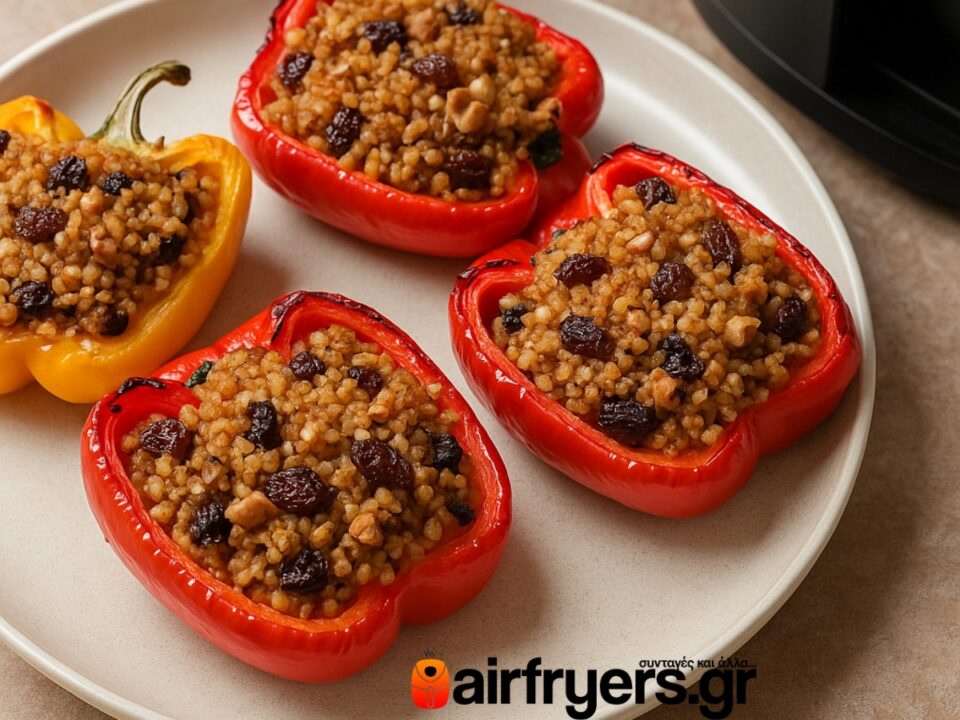 Πιπεριές γεμιστές με πλιγούρι, σταφίδες και καρύδια στο air fryer