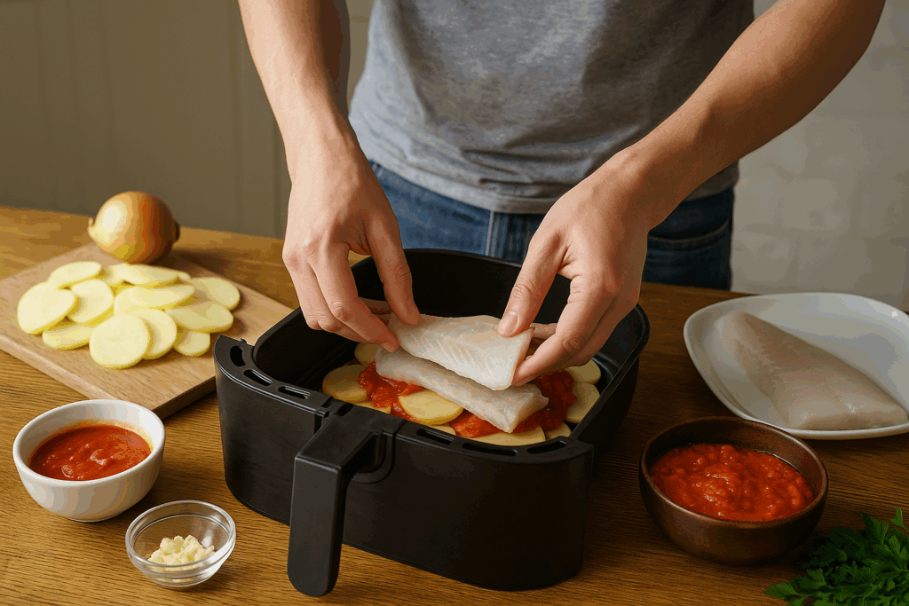 Ψάρι πλακί στο air fryer με πατάτες και σάλτσα ντομάτας σε μοντέρνα εκδοχή