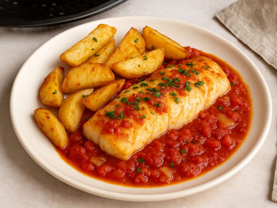 Ψάρι πλακί στο air fryer με πατάτες και σάλτσα ντομάτας σε μοντέρνα εκδοχή