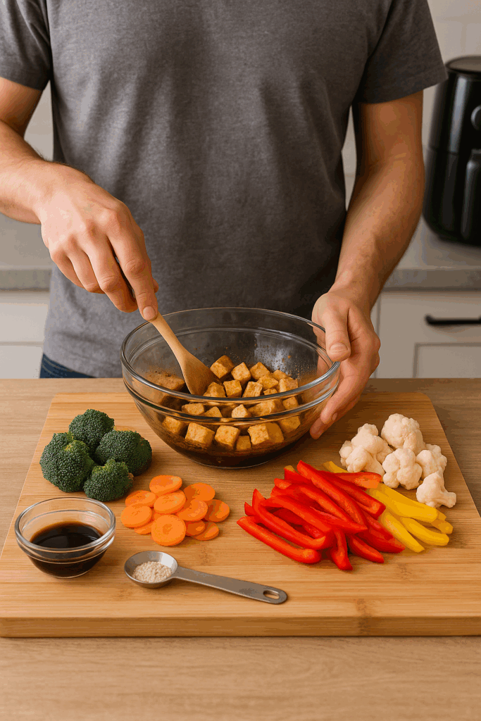 Vegan stir fry με τόφου και σως σόγιας στο air fryer