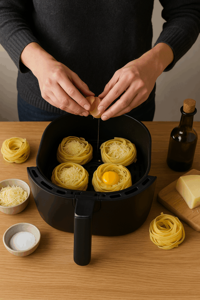Ταλιατέλες φωλιά με αυγό και γραβιέρα στο Air Fryer
