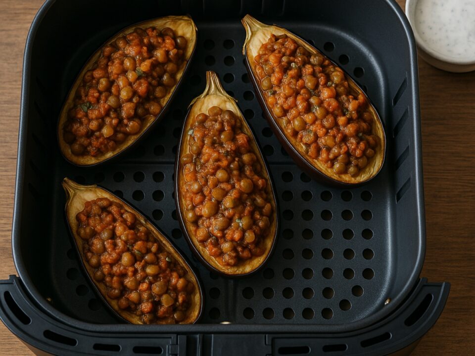 Vegan παπουτσάκια με μελιτζάνα και φακές στο air fryer