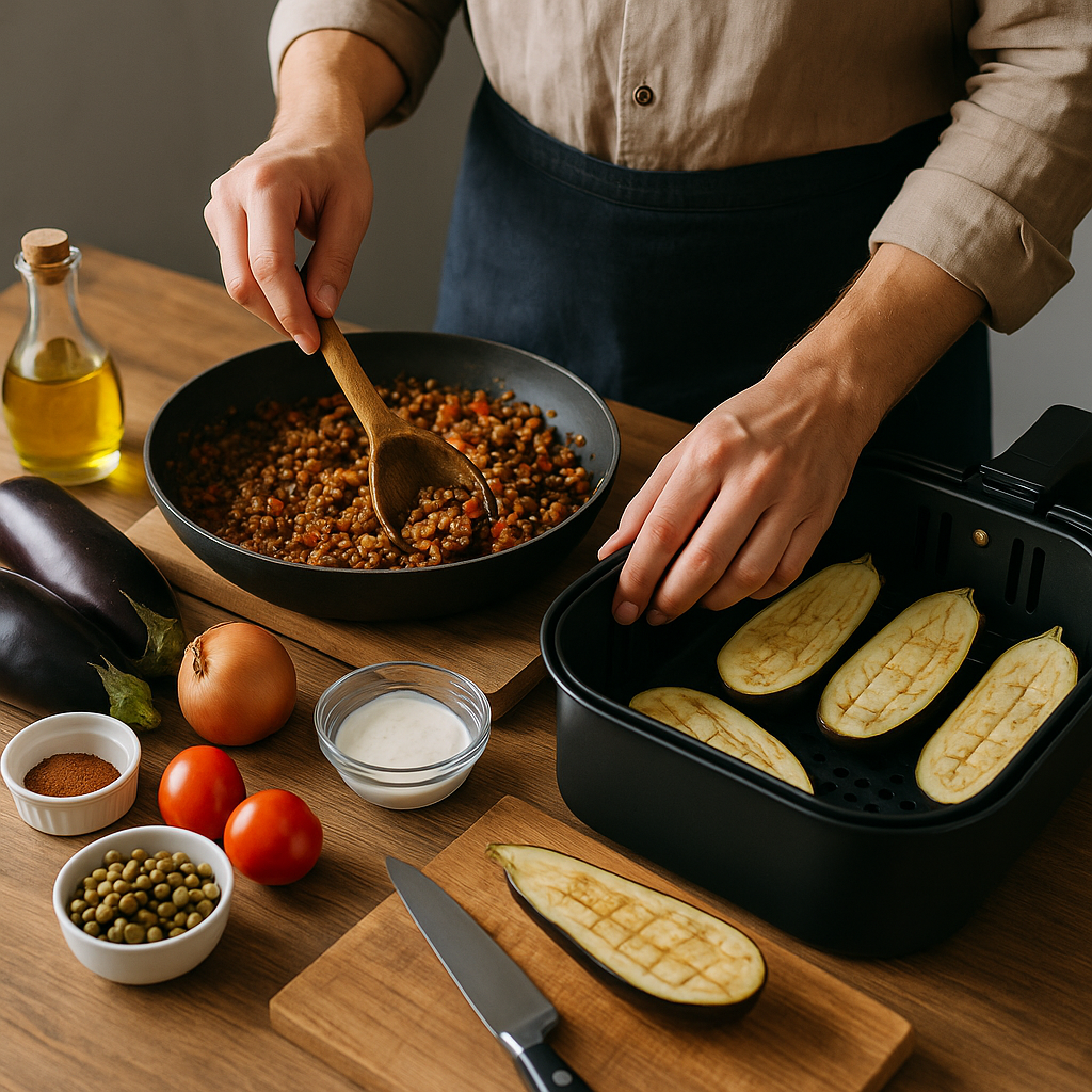 Vegan παπουτσάκια με μελιτζάνα και φακές στο air fryer