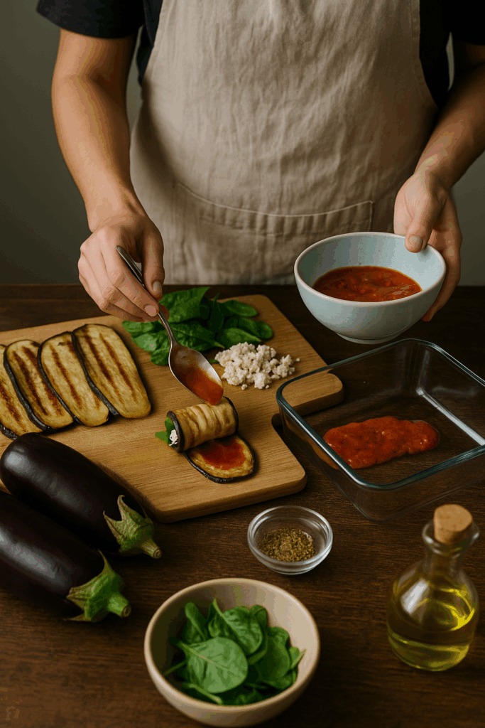 Vegan ρολάκια με μελιτζάνα και σάλτσα ντομάτας στο air fryer