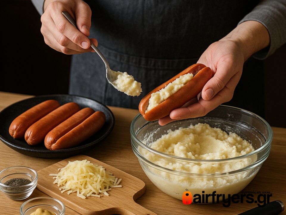 Λουκάνικα με πουρέ πατάτας “γεμιστά” στο air fryer