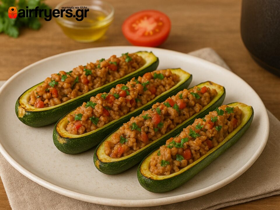 Ψητά κολοκυθάκια γεμιστά με κιμά γαλοπούλας και πλιγούρι στο air fryer