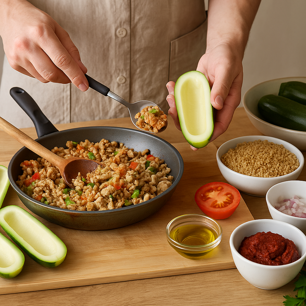 Ψητά κολοκυθάκια γεμιστά με κιμά γαλοπούλας και πλιγούρι στο air fryer