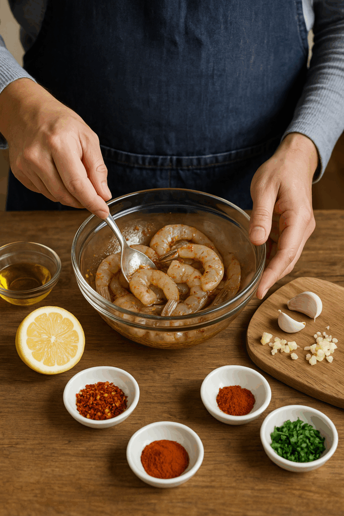 Γαρίδες μαριναρισμένες σε σκόρδο και μπούκοβο στο air fryer