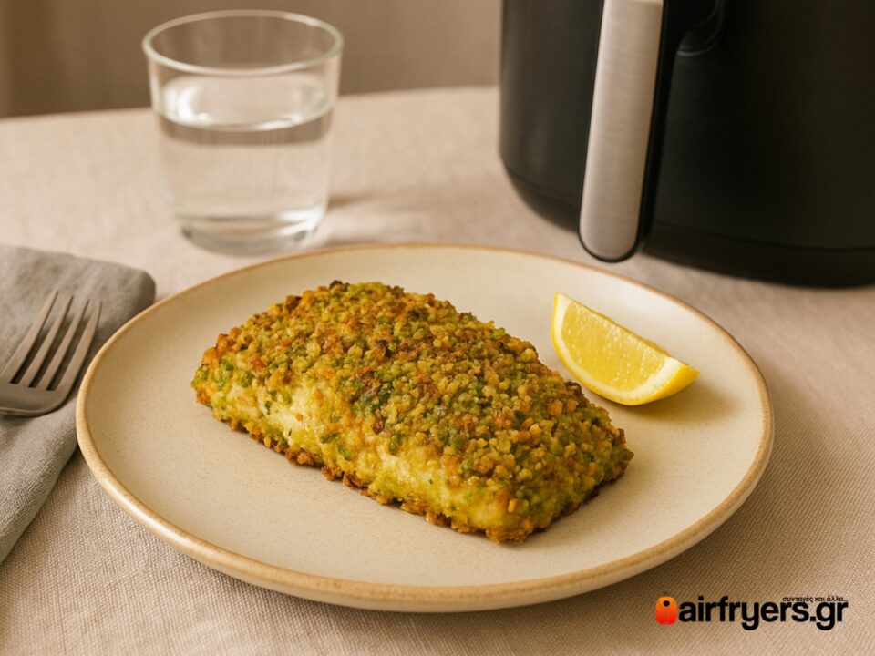 Φιλέτο μπακαλιάρου με κρούστα φυστικιού στο air fryer