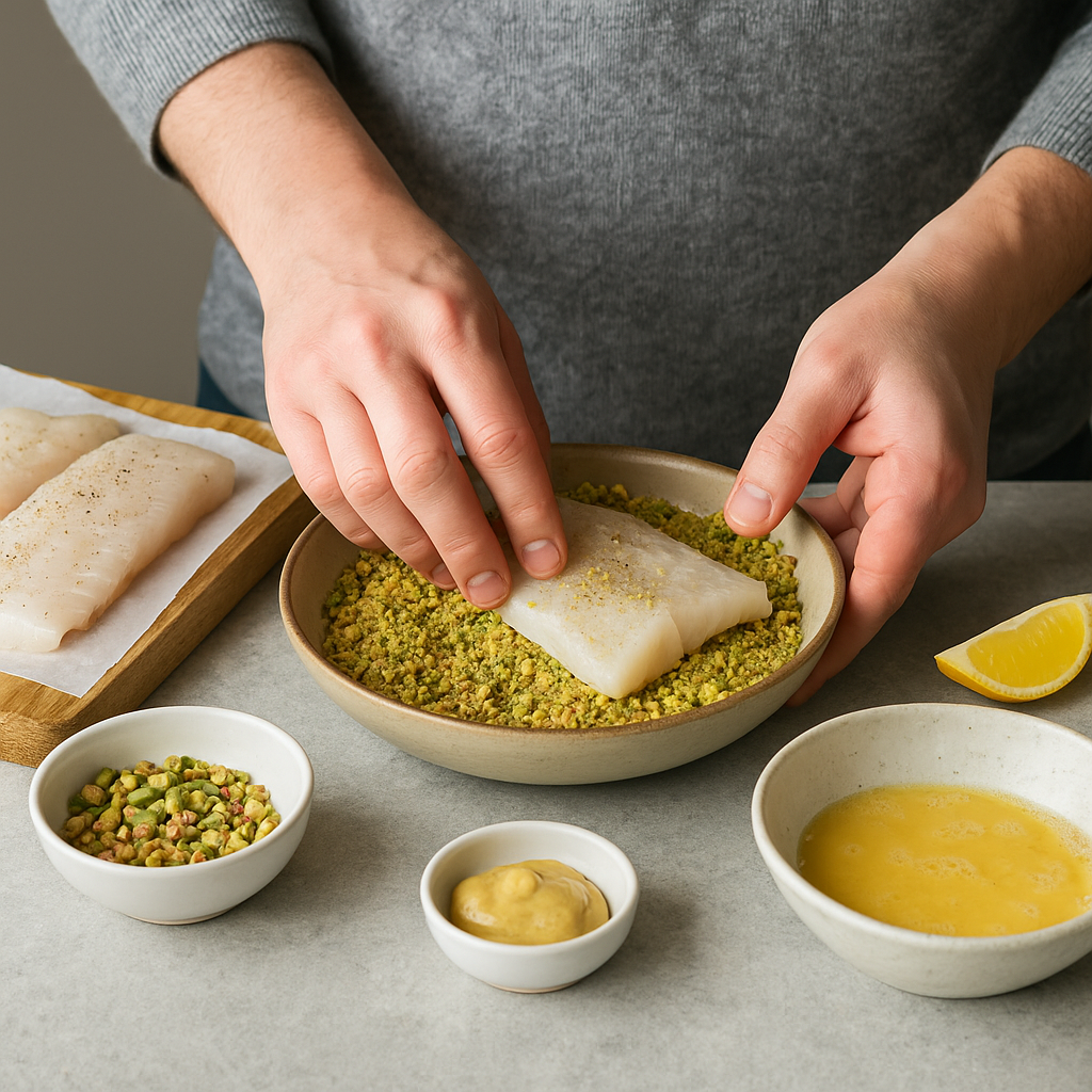 Φιλέτο μπακαλιάρου με κρούστα φυστικιού στο air fryer