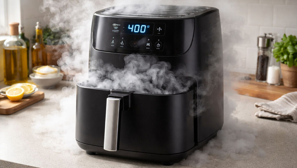 Air fryer που καπνίζει κατά τη διάρκεια μαγειρέματος – συχνό πρόβλημα λόγω λίπους ή υπολειμμάτων τροφών.